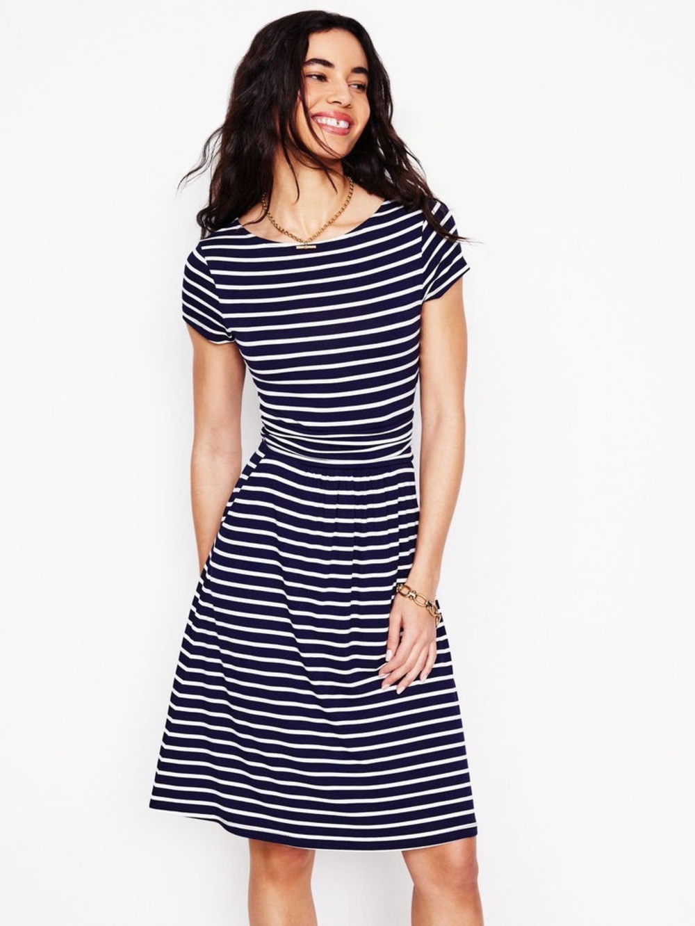 BODEN Amelie Dress Navy & White Stripes Pockets Preppy Costal Cap Sleeve Classic